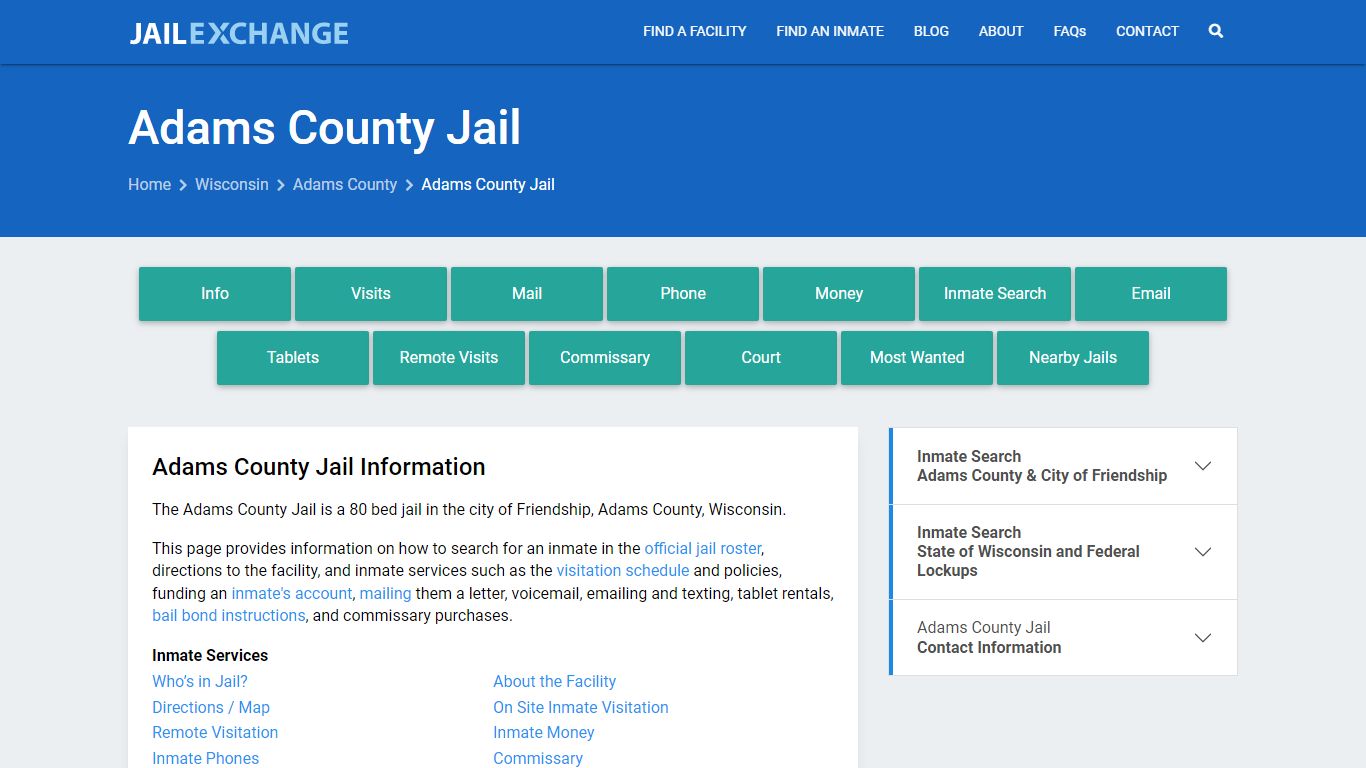 Adams County Jail, WI Inmate Search, Information